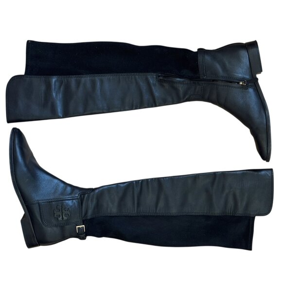 Tory Burch Wyatt Boots Over the Knee 7.5 Black Leather OTK Stretch Back - Picture 4 of 10